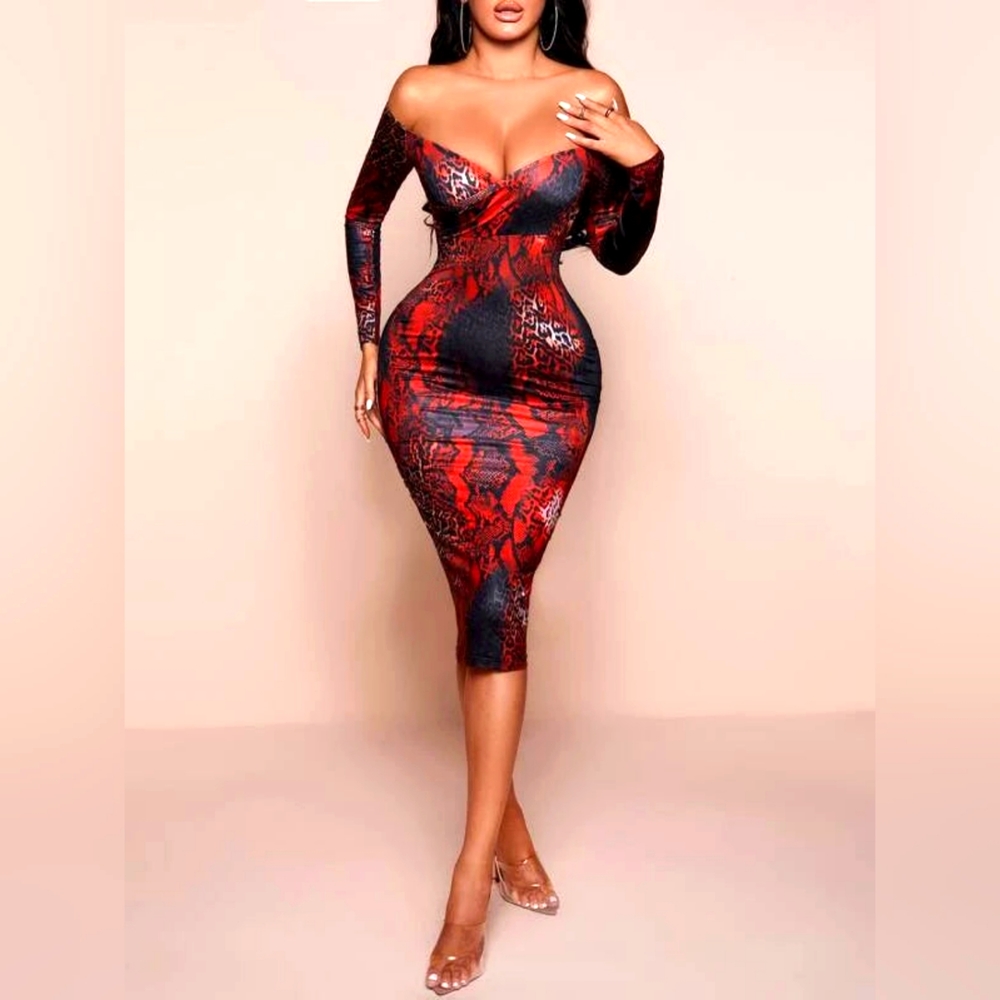 Sexy Black & Red Reptile Print Bardot Bodycon Midi Dress